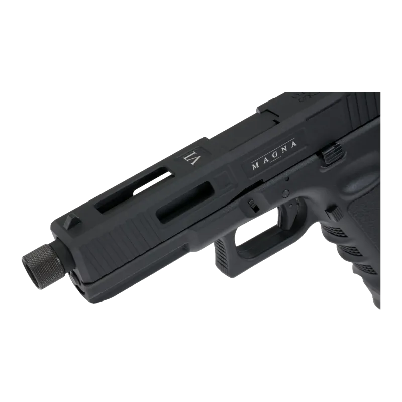 Pistolet CO2 Secutor Gladius Magna VI noir, détail culasse marquage MAGNA et VI, canon fileté
