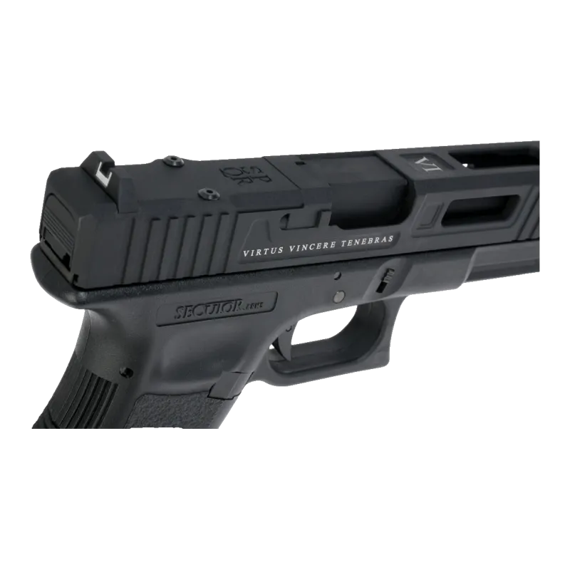 Pistolet CO2 Secutor Gladius Magna VI noir, détail arrière culasse, découpe RMR et hausse