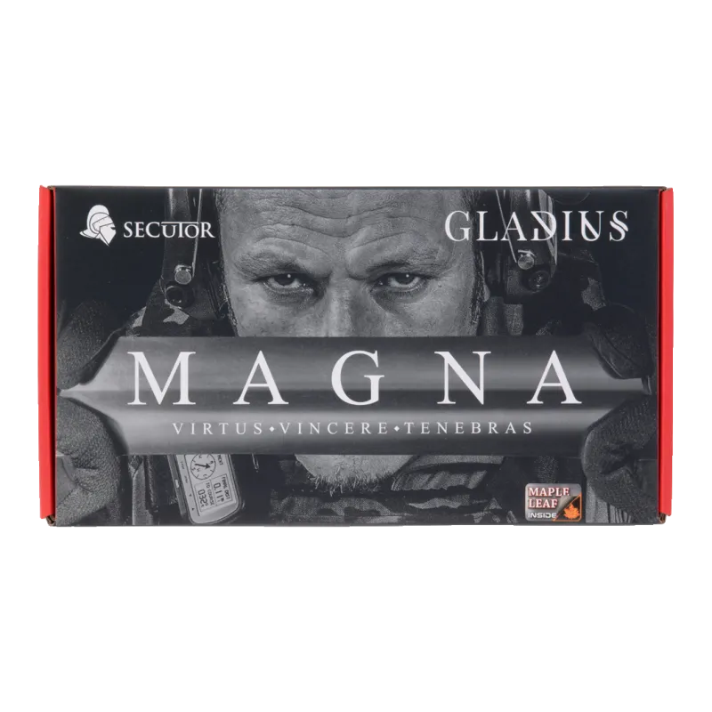 Boîte d'origine du pistolet CO2 Secutor Gladius Magna VI noir, vue de face