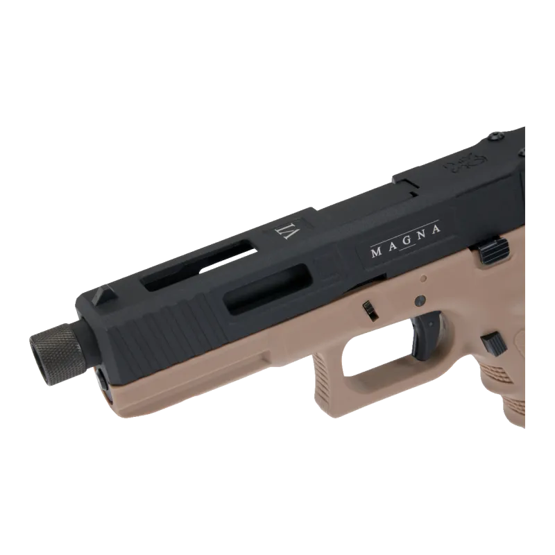 Pistolet CO2 Secutor Gladius Magna VI noir et tan, détail culasse noire marquage MAGNA et VI, canon fileté
