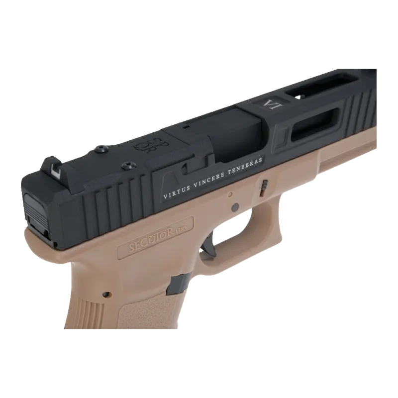 Pistolet CO2 Secutor Gladius Magna VI noir et tan, détail arrière culasse, découpe RMR et hausse