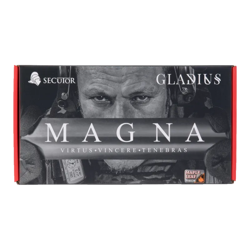 Boîte d'origine du pistolet CO2 Secutor Gladius Magna VI noir et tan, vue de face