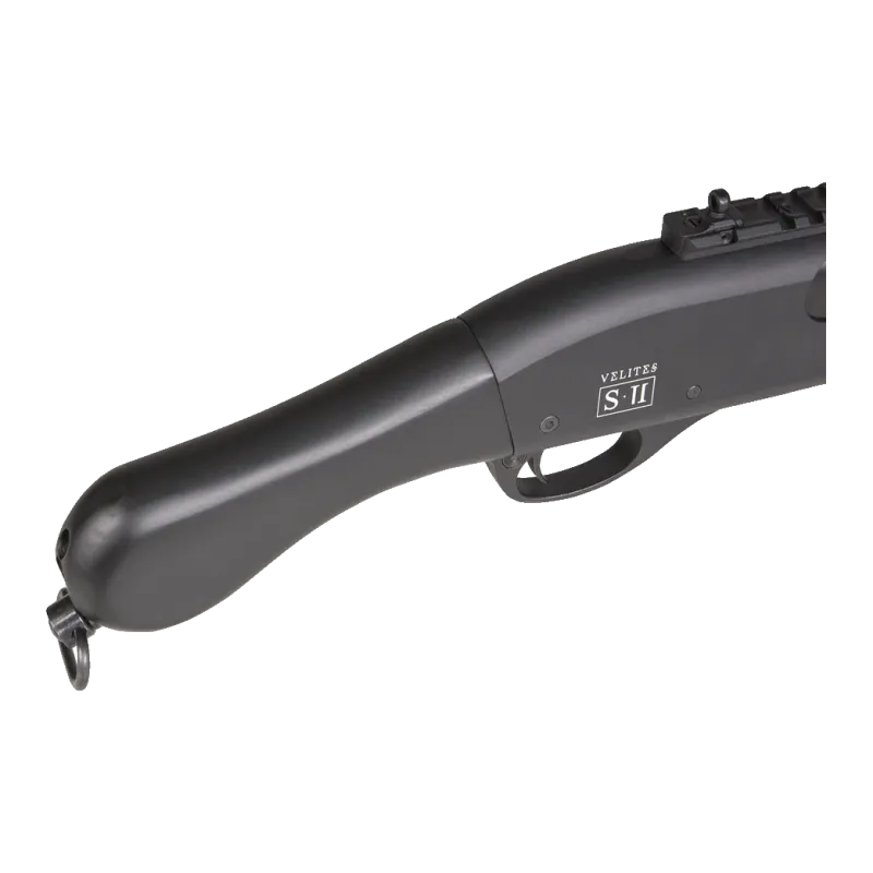 Fusil à pompe Secutor Velites Ferrum S-II noir, détail de la crosse pistolet et marquage S-II