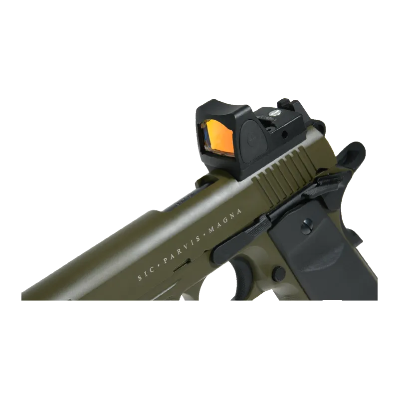 Pistolet 1911 Secutor Rudis XIV Magna OD, détail du viseur point rouge type RMR sur la culasse