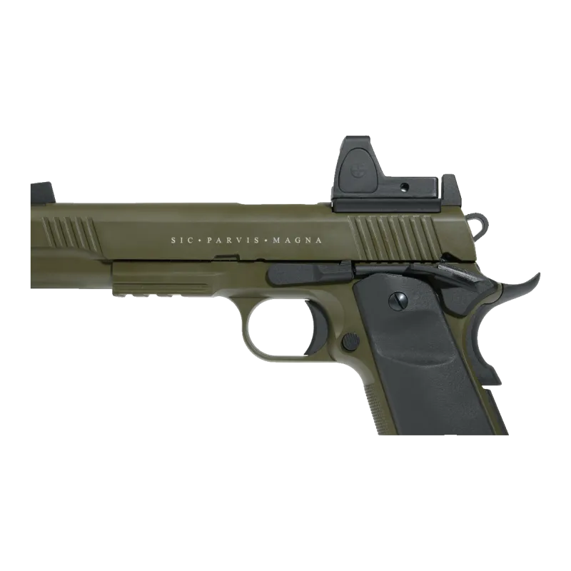 Pistolet 1911 Secutor Rudis XIV Magna OD, détail côté gauche, marquage Sic Parvis Magna