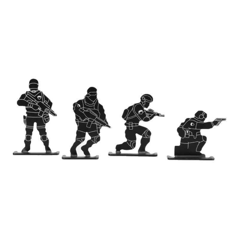 Lot de 4 cibles métalliques soldat Delta Tactics noires, vue de face, silhouettes alignées de la plus haute à la plus basse