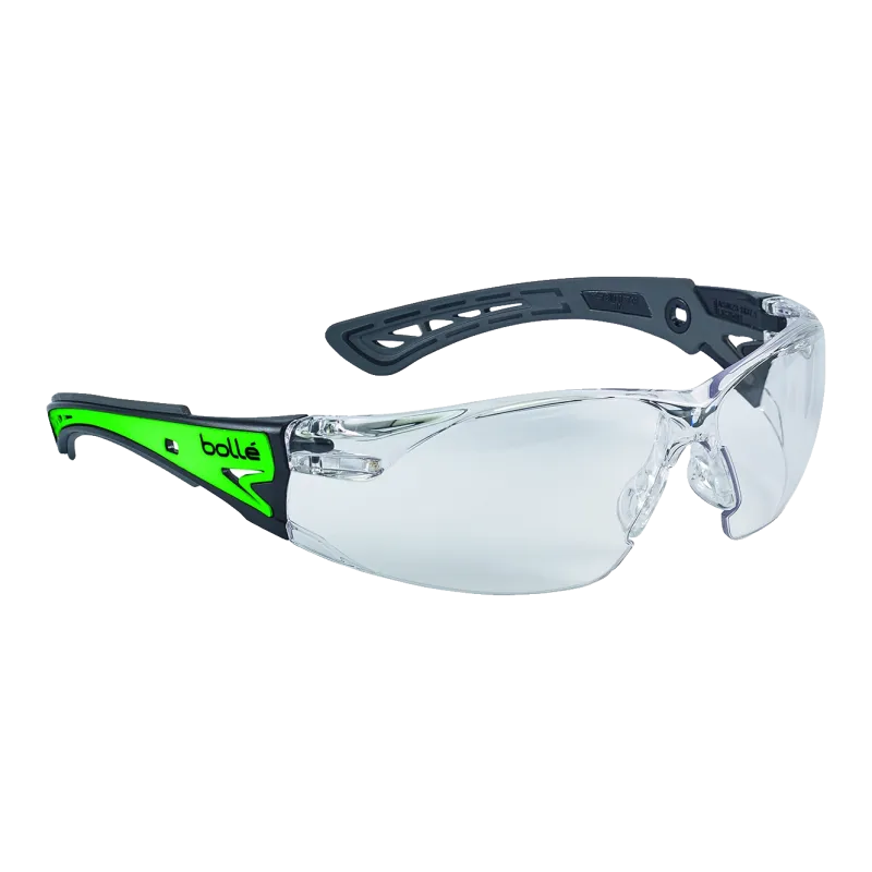 Lunettes Bollé RUSH+ Glow écran incolore, branches phosphorescentes allumées en vert, vue de trois quarts