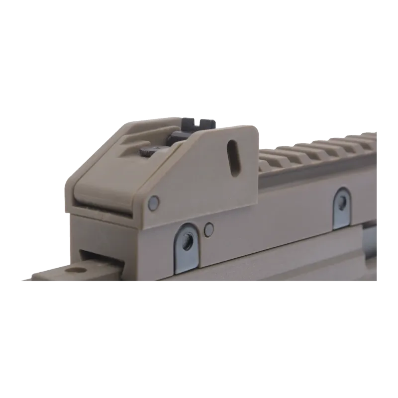 Specna Arms SA-G12 EBB tan, détail de la hausse réglable sur la poignée de transport