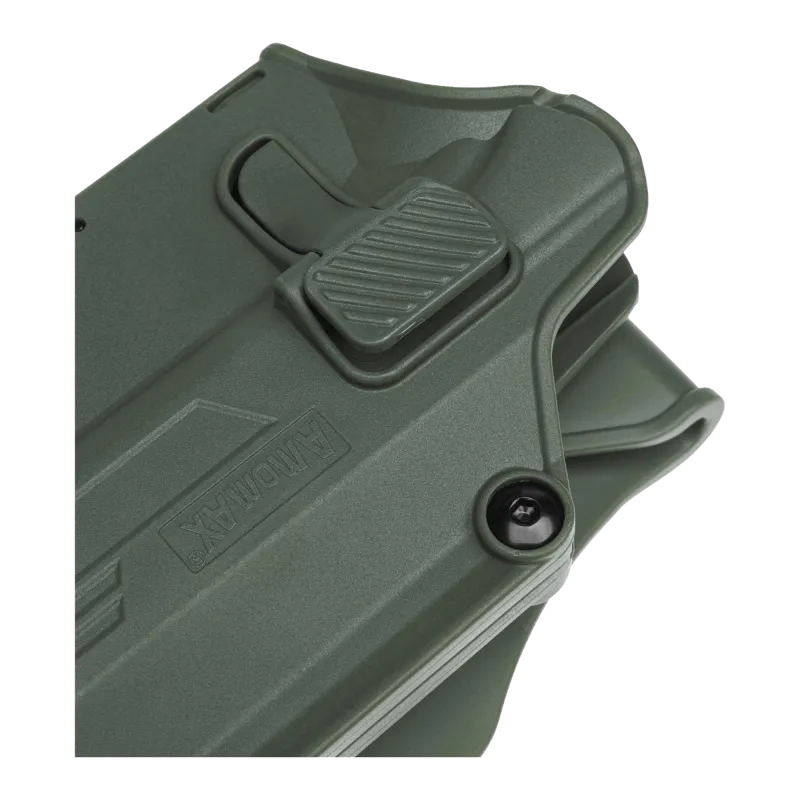 Holster Amomax Per-Fit olive, gros plan du bouton de rétention et du logo