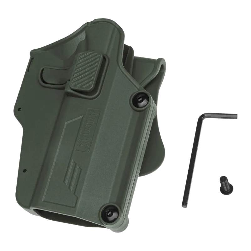 Holster Amomax Per-Fit olive avec sa clé Allen et sa vis, contenu de la boîte