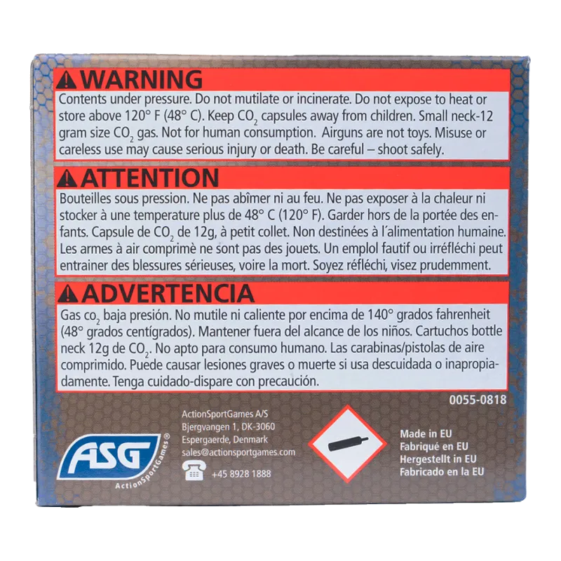Dos de la boîte ASG Ultrair CO2 Care Kit, consignes de sécurité CO2 12 g