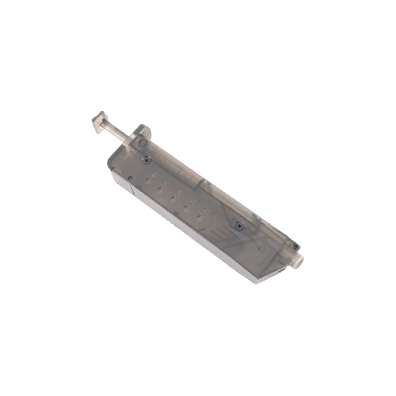 Speed loader Swiss Arms 90 billes fumé translucide, vue de trois quarts avec poussoir