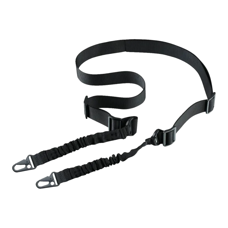 Sangle 2 points Amomax noire dépliée, boucles de réglage et clips HK