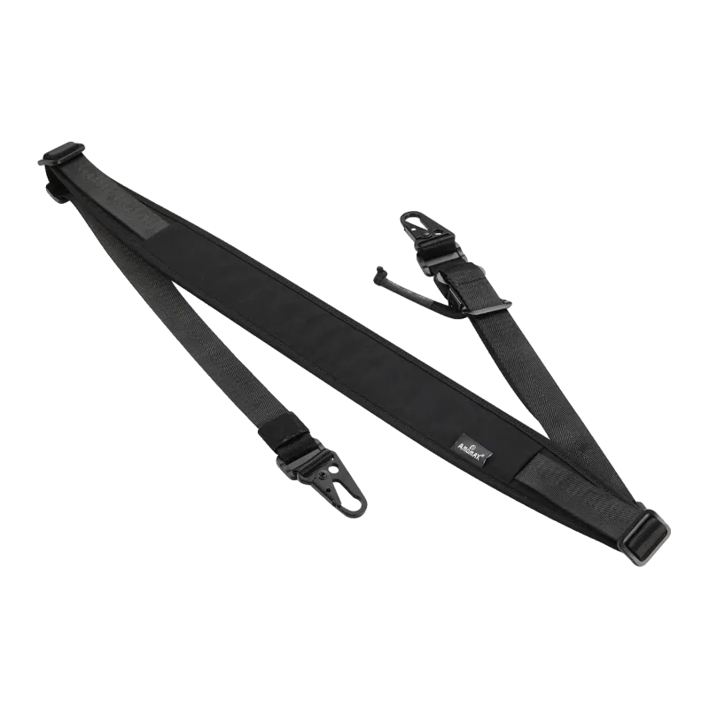 Sangle 2 points Amomax noire à plat, épaulière rembourrée avec étiquette Amomax