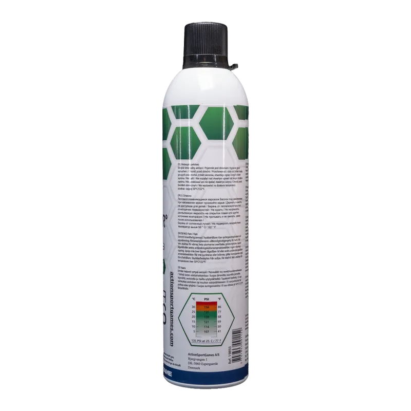 Dos de la bouteille de gaz ASG Ultrair 135 PSI 570 ml, tableau de pression et consignes