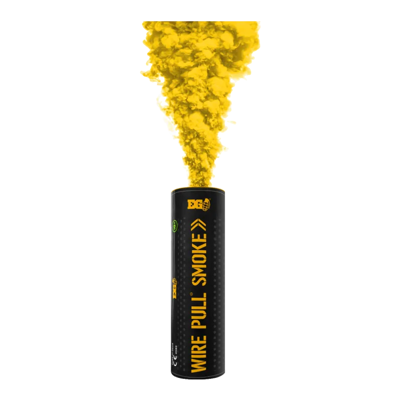 Fumigène Enola Gaye WP40 jaune en fonctionnement, fumée jaune sortant du dessus