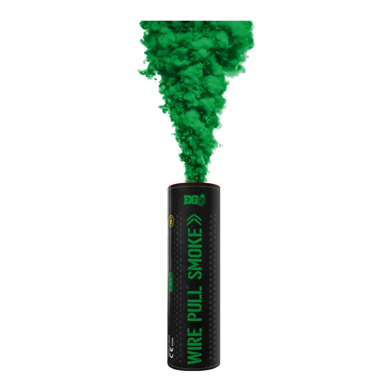 Fumigène Enola Gaye WP40 vert en fonctionnement, fumée verte sortant du dessus