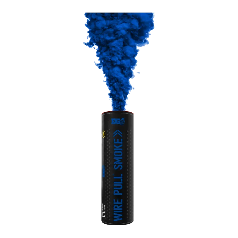 Fumigène Enola Gaye WP40 bleu en fonctionnement, fumée bleue sortant du dessus