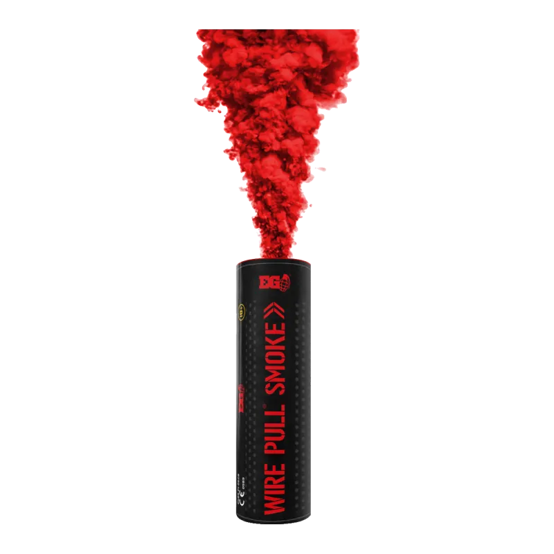 Fumigène Enola Gaye WP40 rouge en fonctionnement, fumée rouge sortant du dessus