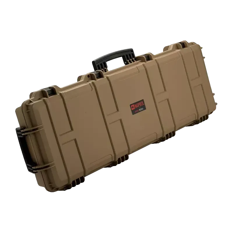 Mallette waterproof Nuprol IP67 tan debout, couvercle, poignée supérieure et poignée latérale