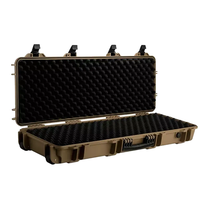 Mallette waterproof Nuprol IP67 tan ouverte, mousse vague noire et 4 fermoirs