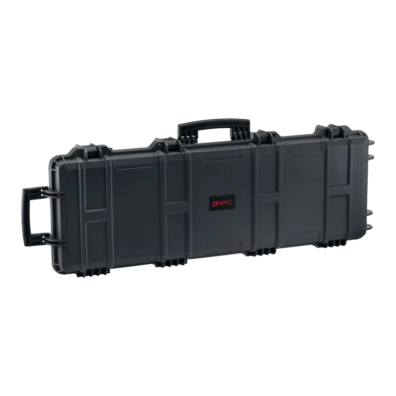 Mallette waterproof Nuprol IP67 grise debout, couvercle, poignée supérieure et poignée latérale