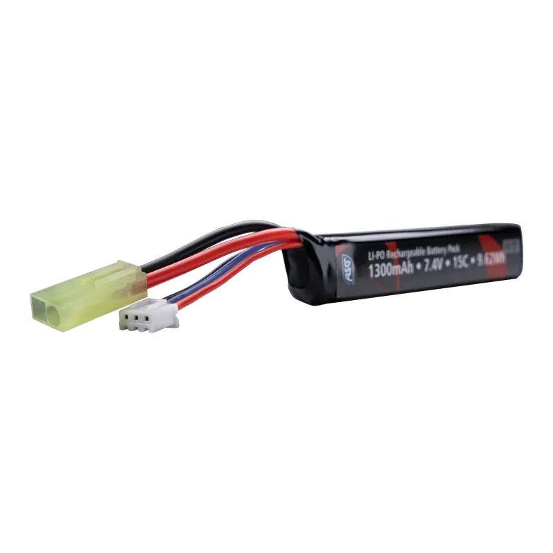Batterie LiPo ASG 7,4 V 1300 mAh 15C, photo officielle ASG, Tamiya mini et prise d'équilibrage