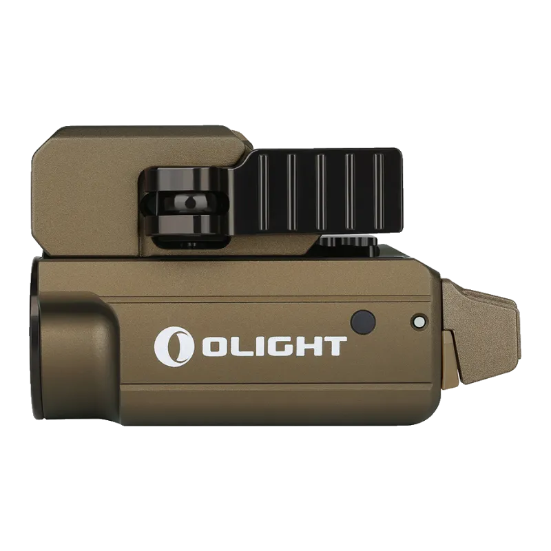 Olight PL Mini 2 Valkyrie tan de profil, côté logo Olight