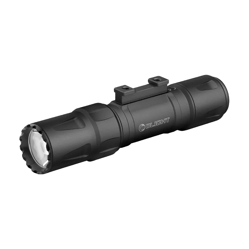 Olight Odin S noire de trois quarts avant, embase de fixation sans le support Picatinny
