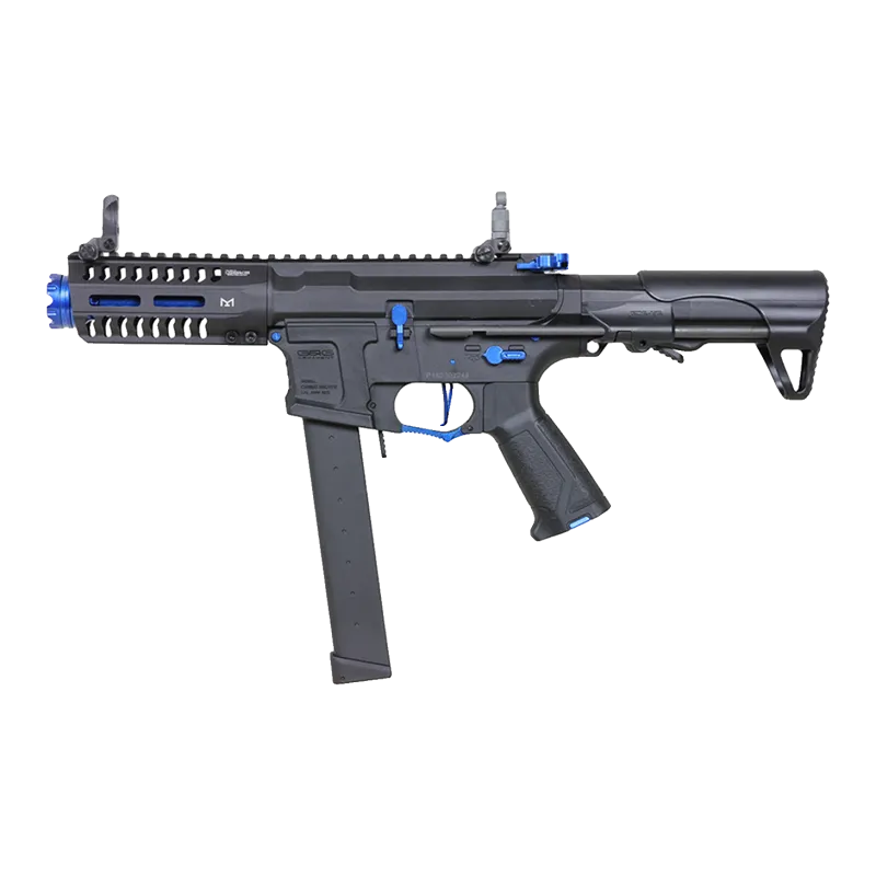 Réplique AEG G&G ARP 9 Sky, profil gauche, sélecteur et levier d'armement bleus