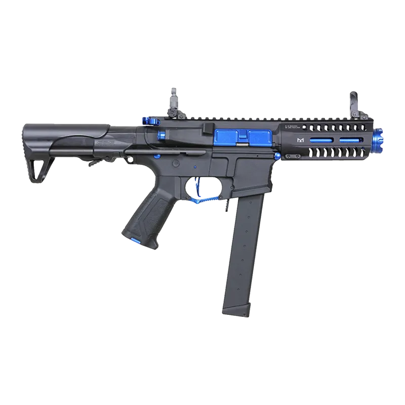 Réplique AEG G&G ARP 9 Sky, profil droit, cache-poussière bleu et crosse rentrée