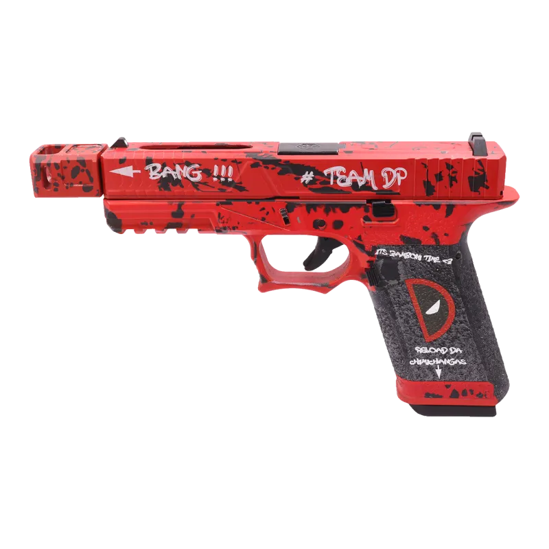 Pistolet GBB AW Custom VX7302 DP rouge et noir, profil gauche, décor #TEAM DP