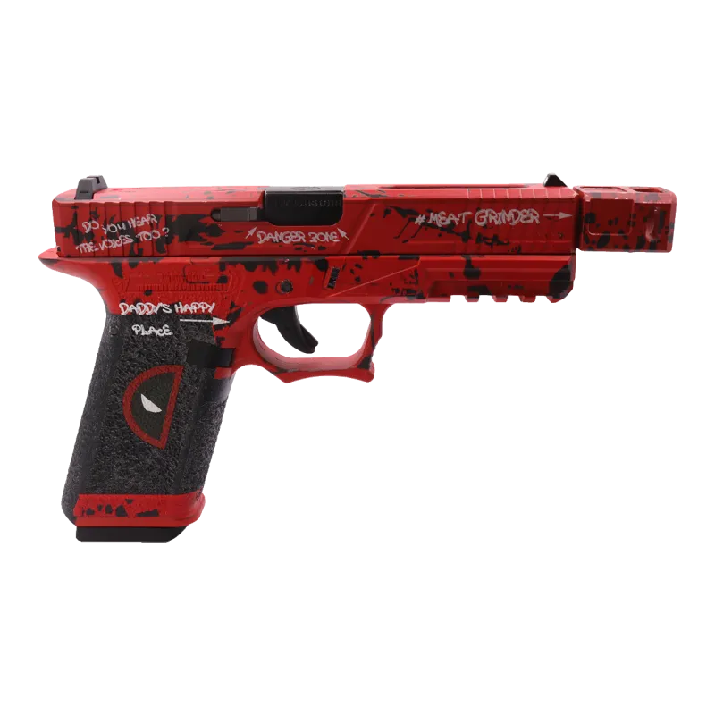 Pistolet GBB AW Custom VX7302 DP rouge et noir, profil droit, décor #MEAT GRINDER