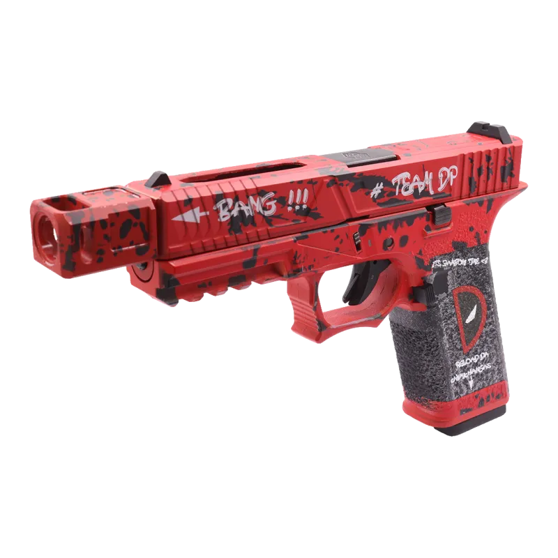 Pistolet GBB AW Custom VX7302 DP rouge et noir, vue 3/4 avant gauche