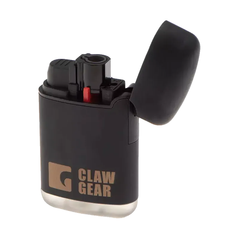 Briquet Clawgear Mk.II noir capot ouvert, vue de trois quarts côté brûleur