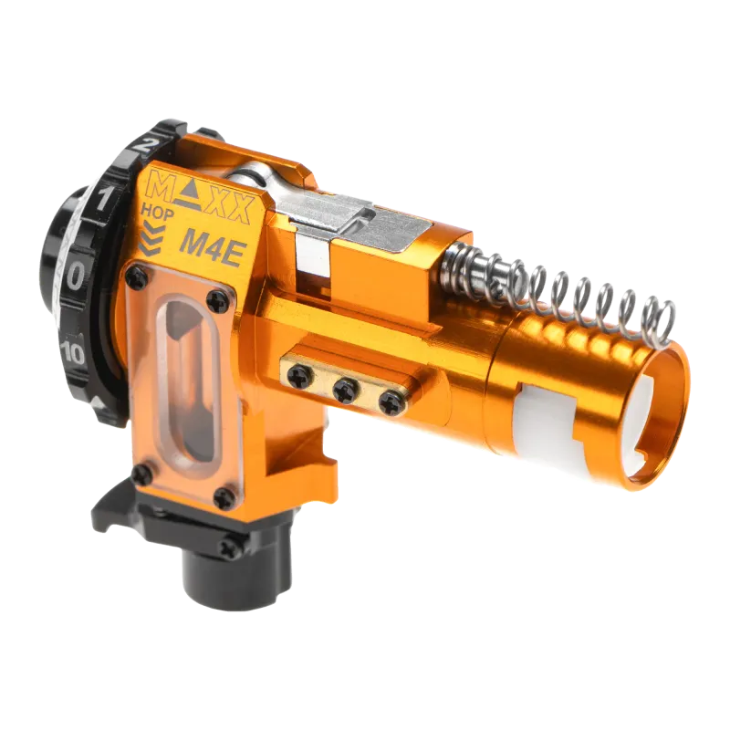 Chambre hop-up Maxx Model M4E, côté marquage MAXX HOP M4E, clip Delrin visible dans le canon