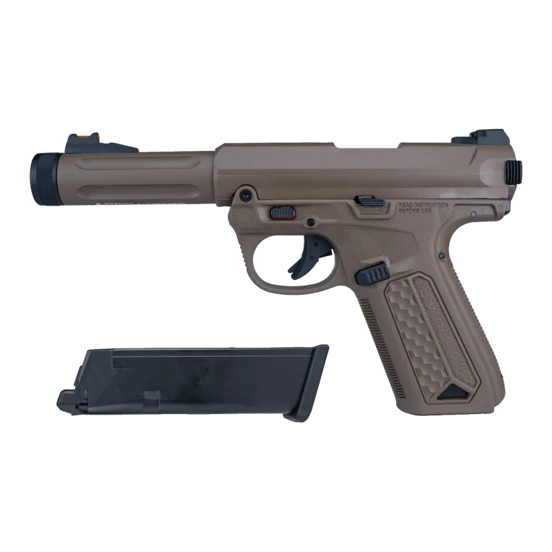 Pistolet GBB Action Army AAP-01 tan, vue de profil avec chargeur gaz 23 billes