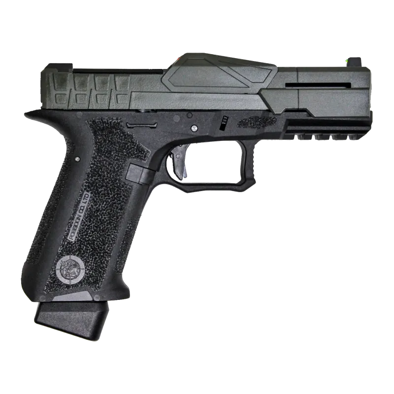 Pistolet GBB Poseidon x CSI XO-P1 noir et vert, profil gauche, photo officielle Poseidon