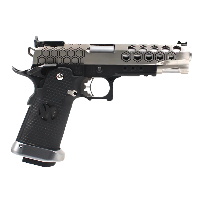 Pistolet GBB AW Custom HX2501 noir et argent, profil canon à droite, photo fabricant