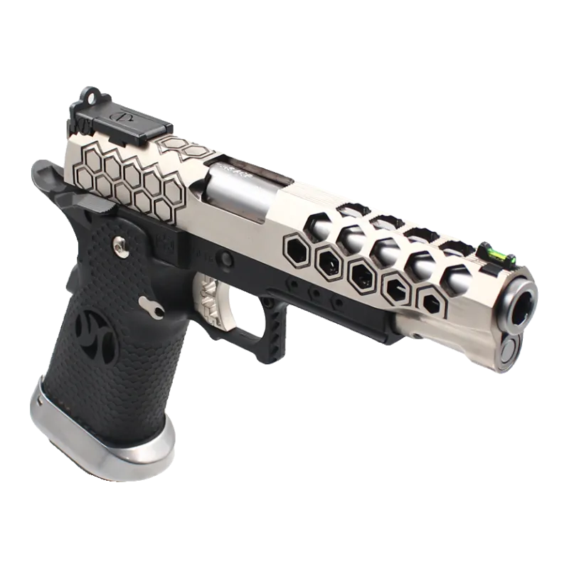 Pistolet GBB AW Custom HX2501, vue de trois quarts avant, guidon à fibre optique