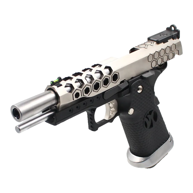 Pistolet GBB AW Custom HX2501, culasse en arrière, vue de trois quarts avant gauche