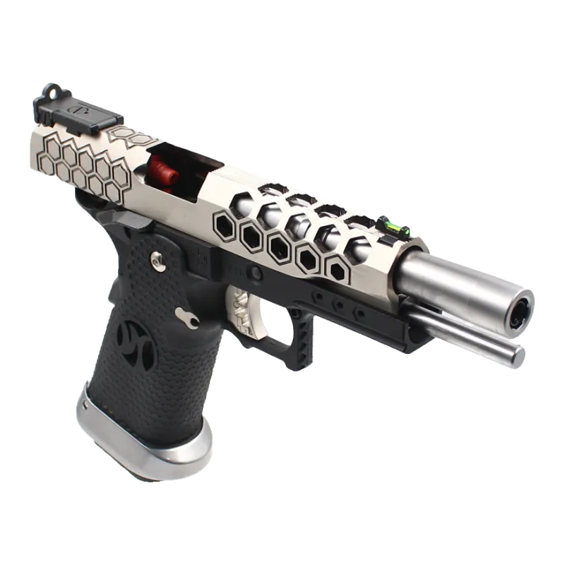 Pistolet GBB AW Custom HX2501, culasse en arrière, vue de trois quarts avant droite