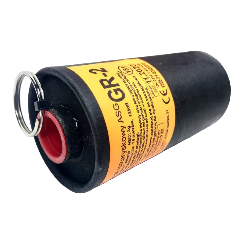Grenade à fragmentation B&G GR-2 couchée, anneau de goupille et étiquette GR-2