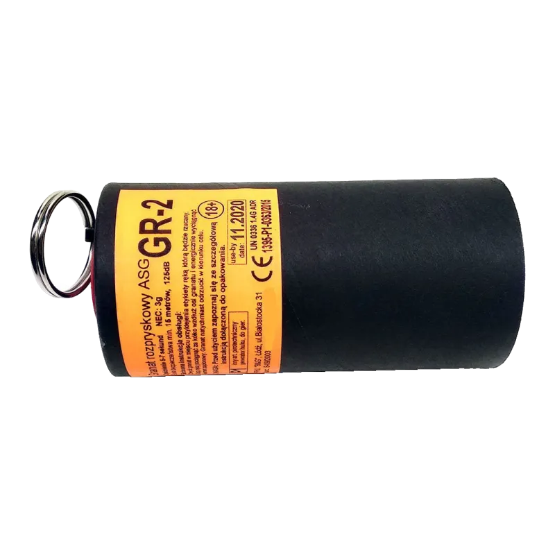 Grenade B&G GR-2 couchée de profil, tube en carton noir et étiquette orange