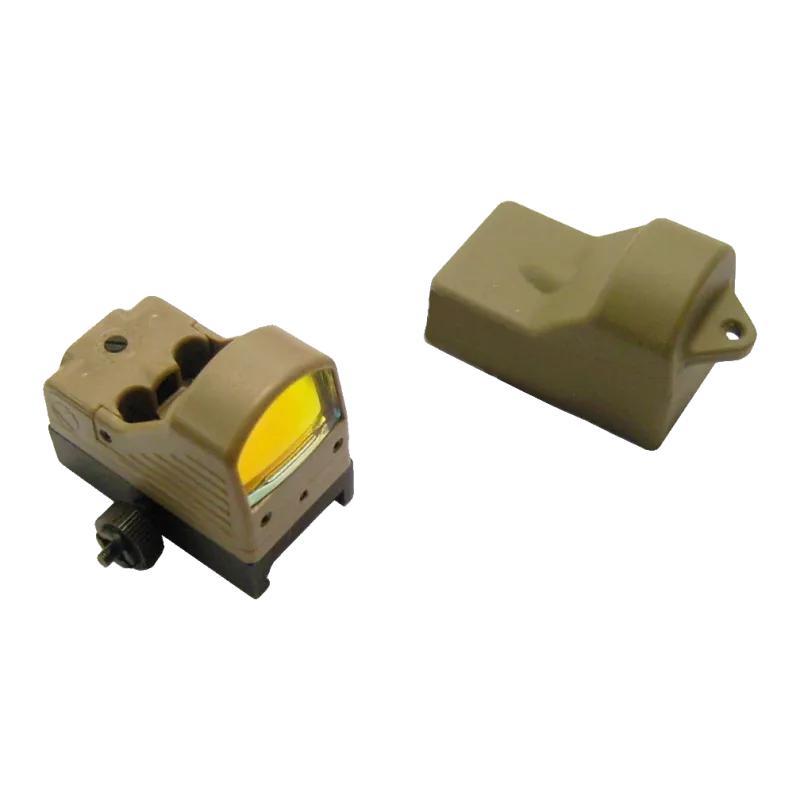 Mini point rouge Element Airsoft Dark Earth vu de trois quarts sur son embase, avec sa protection en caoutchouc