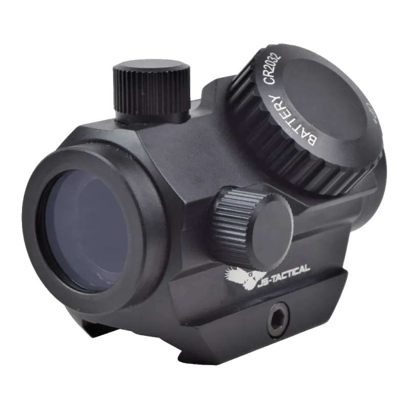 Viseur point rouge Micro T1 JS-Tactical noir, vue de trois quarts avant côté logo