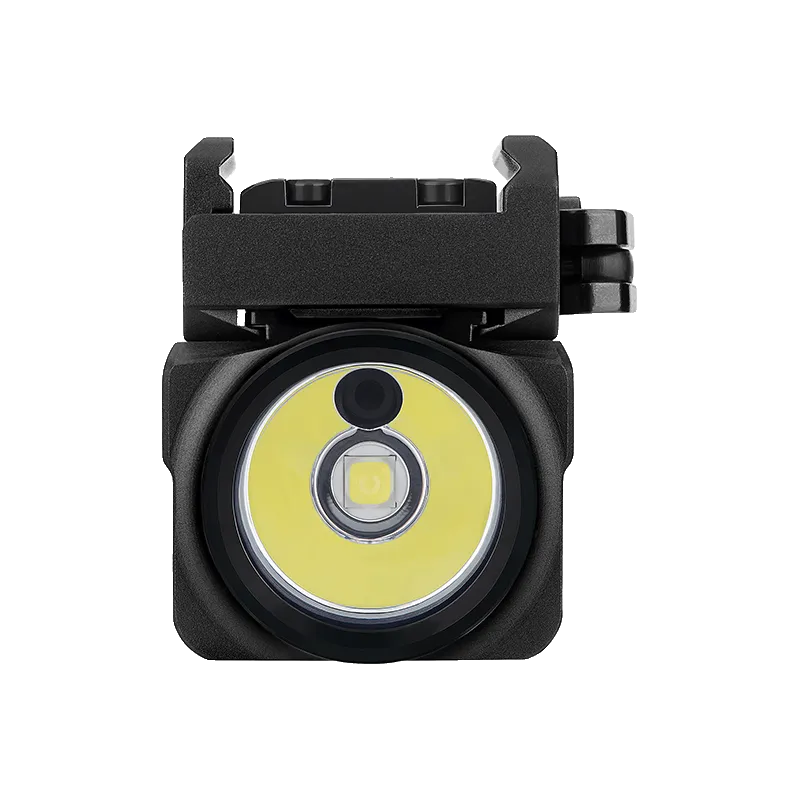 Olight Baldr S noire vue de face, réflecteur, LED et fenêtre du laser vert