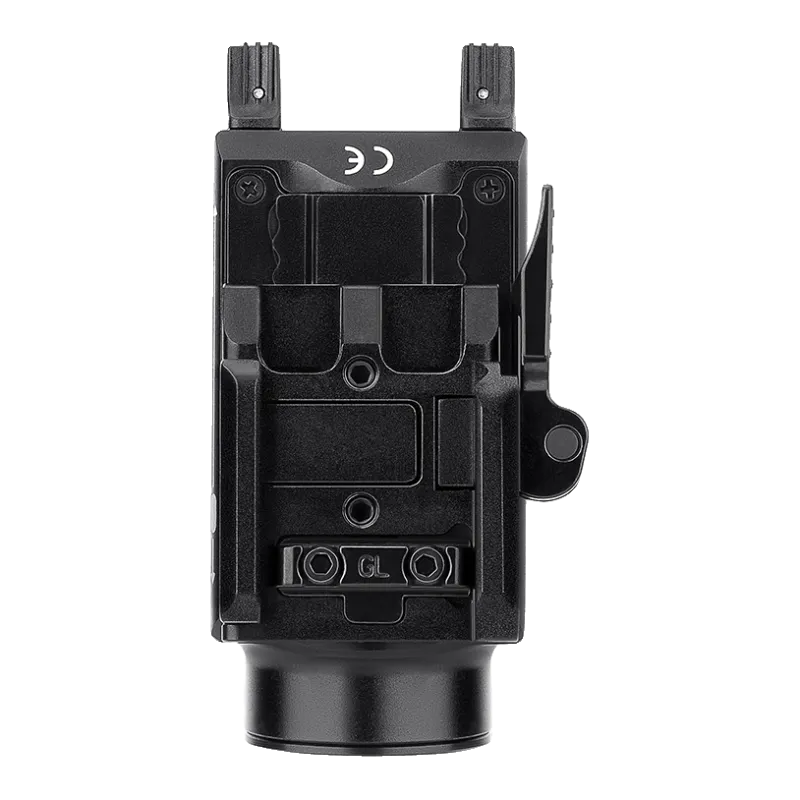 Olight Baldr S noire vue de dessous, adaptateur GL pour rail type Glock et bras basculant