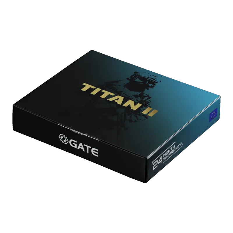 Boîte du Gate Titan II Bluetooth, vue de trois quarts avec logo Gate
