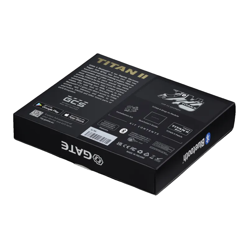 Dos de la boîte du Gate Titan II Bluetooth avec contenu du kit et application GCS